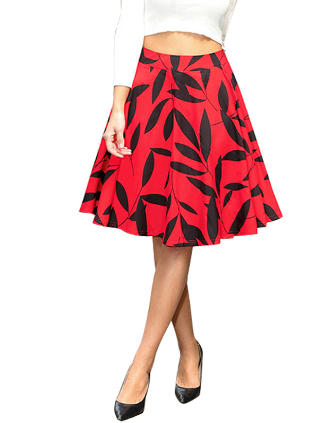 Retro Rockabilly Knee Length Leaf Print Flare Skirt