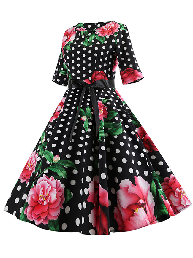 Vintage Style Floral Printed Full Circle Flared Black Junior Spring Homecoming Midi Dress Side View