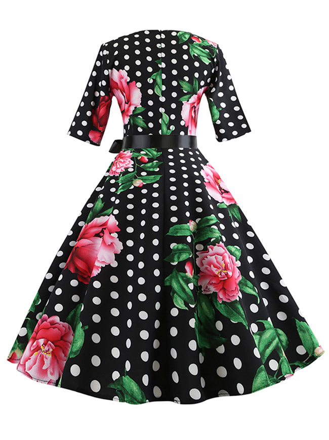 Black White Vintage Half Sleeve Round Neck Audrey Hepburn Style Holiday Dress for Women Back View