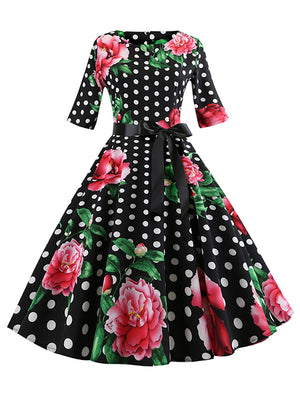 Vintage 1950 Retro Half Sleeve Polka Dot Rockabilly Swing Dress Main View
