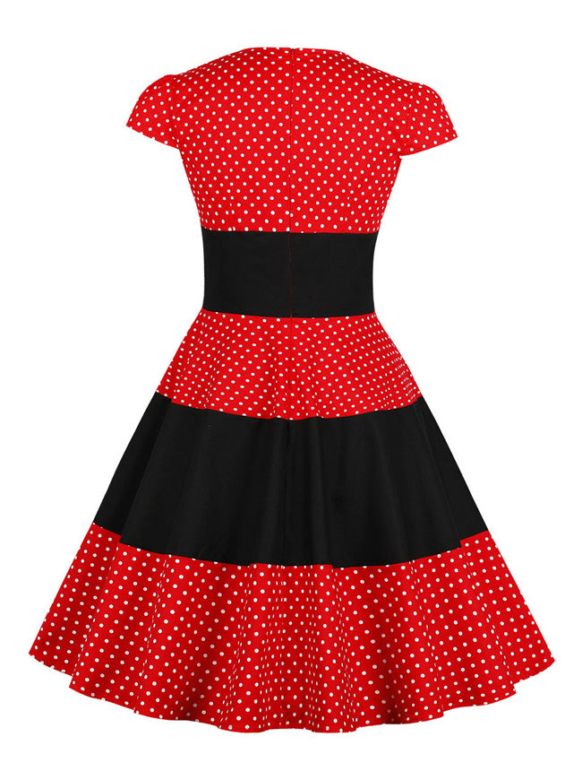 1950's Red Rockabilly Polka Dot Color-Block Wiggle Tea Length Bridesmaid Dress Back View
