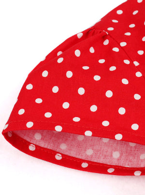 Red Vintage Patchwork Black Wide Stripes Polka Dot Print Dress Detail View