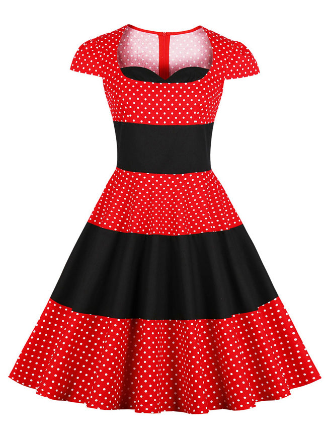 Vintage 1950s Polka Dots Printed Patchwork Christmas Dress