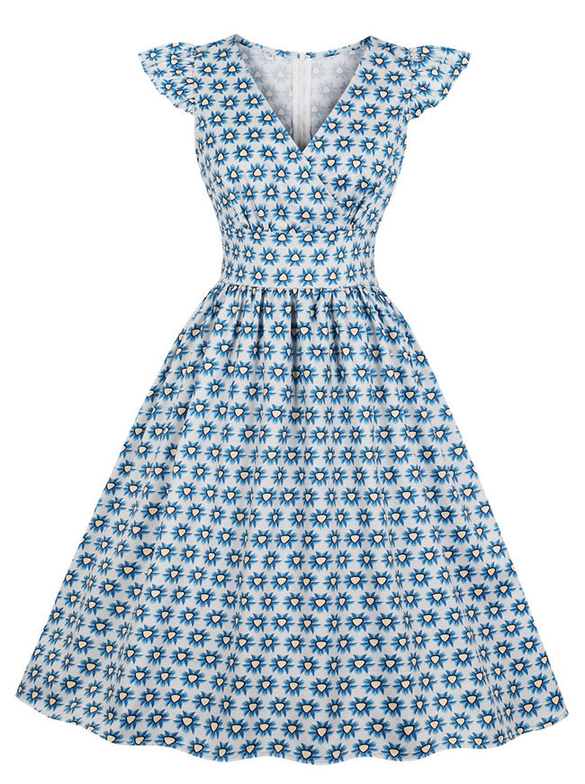 Elegant Vintage Printed V-Neck Flutter Sleeve A-line Swing Casual Dress