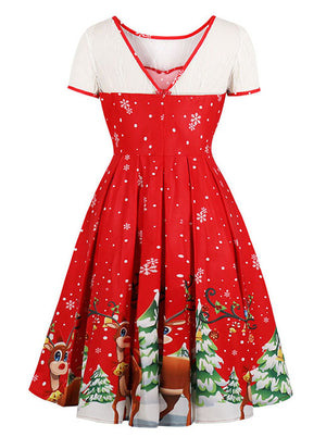 Red Christmas Printed Sexy V-Back Vintage Pleated Short Sleeves Dress for Women Back View