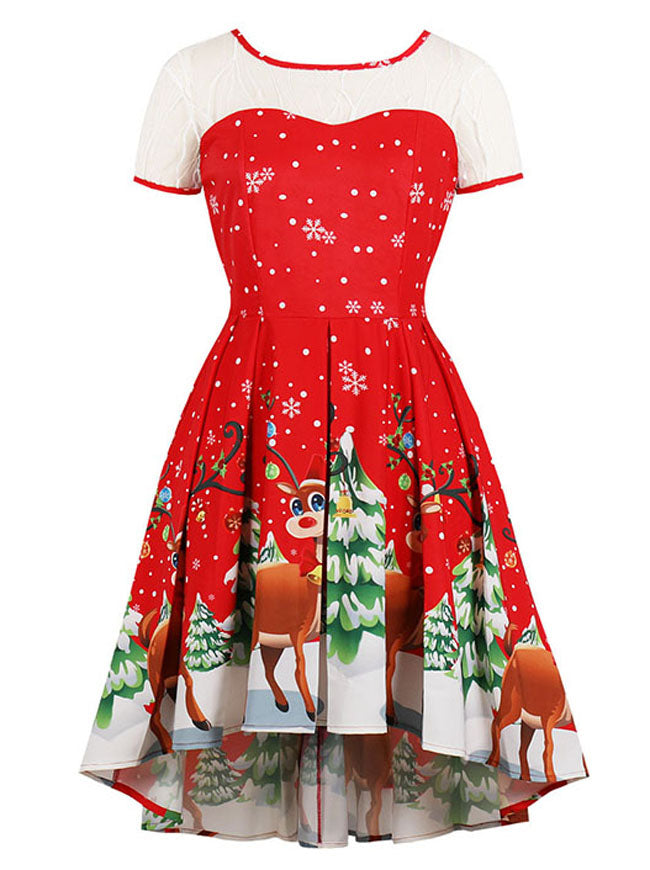 Vintage A-Line Pleated Reindeer Printed Mesh Christmas Dress Main View