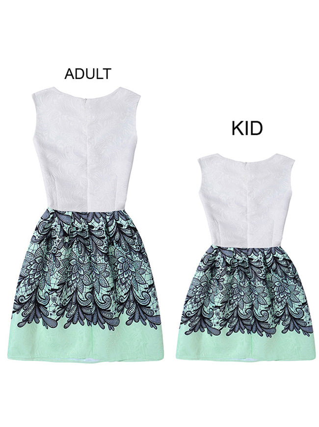 Jacquard Sleeveless A-Line Party Floral Print Casual Dress with Zipper for Adult and Child