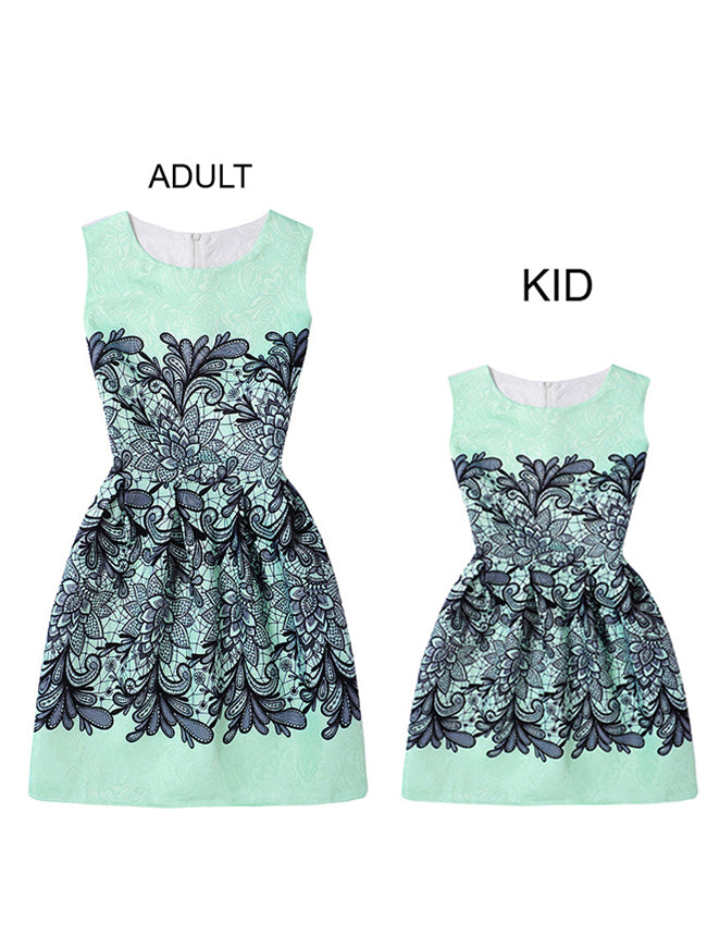 Jacquard Sleeveless A-Line Party Floral Print Casual Dress with Zipper for Adult and Child