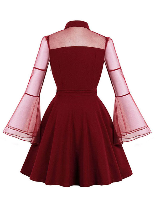 Elegant Formal A Line Sexy See Through Long Sleeve Red Evening Dress for Women Back View