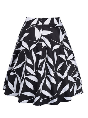 Vintage Rockabilly Knee Length Leaf Print A Line Skirt