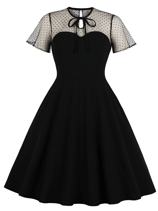 1950 Style Fit Flared Cotton Casual Black Cocktail Short Sleeves Mesh Dress Detail View