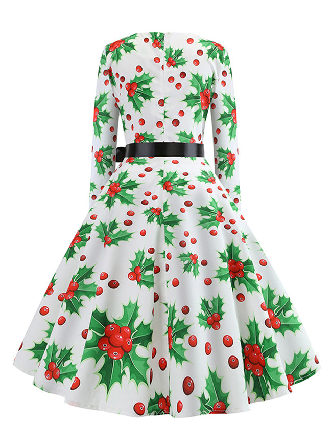 Vintage Round Neck Pin Up Style Christmas Pattern Swing Dress Red with Belted Back View