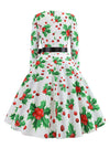 Vintage Round Neck Pin Up Style Christmas Pattern Swing Dress Red with Belted Back View