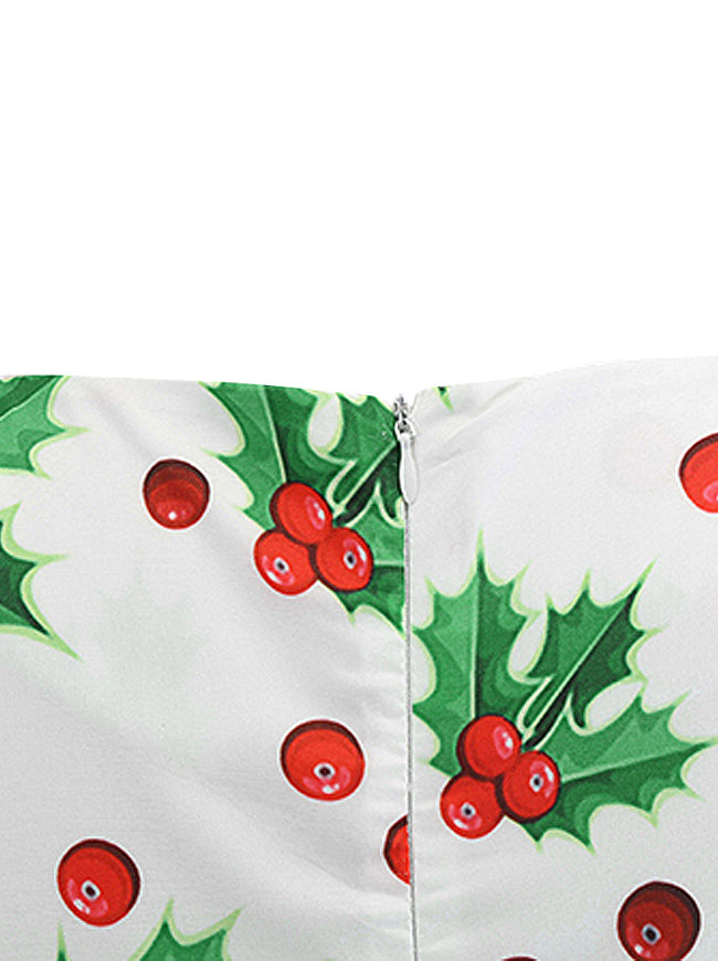 Red Elegant Long Sleeves Holly Printed Round Neck Tea Length Dress for Women Detail View