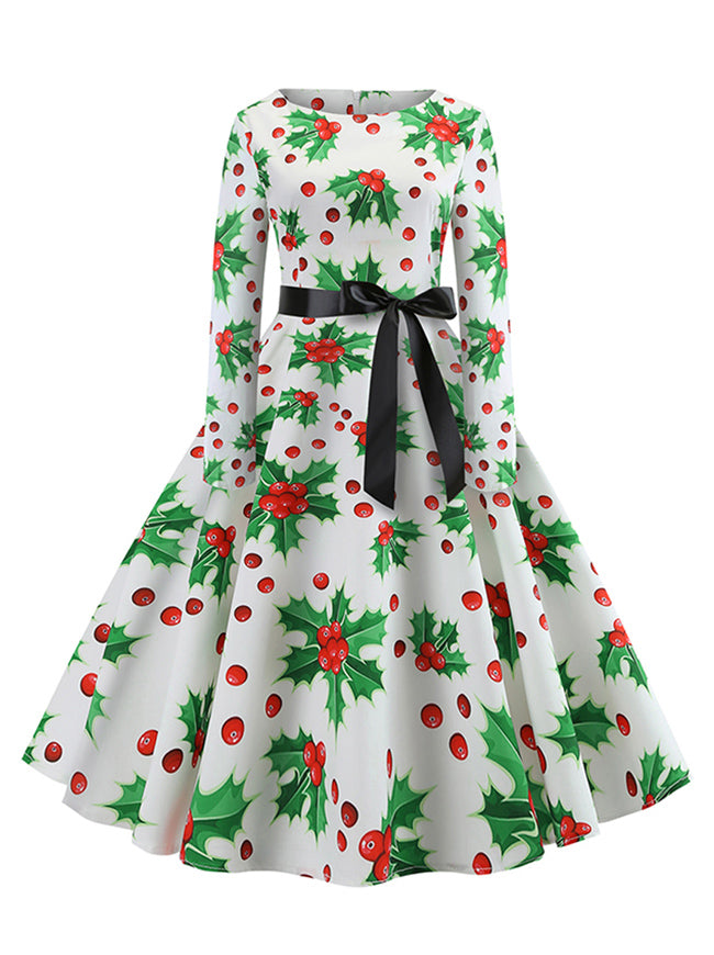 Vintage Long Sleeve Round Neck Xmas Pattern Tea Swing Midi Dress Main View