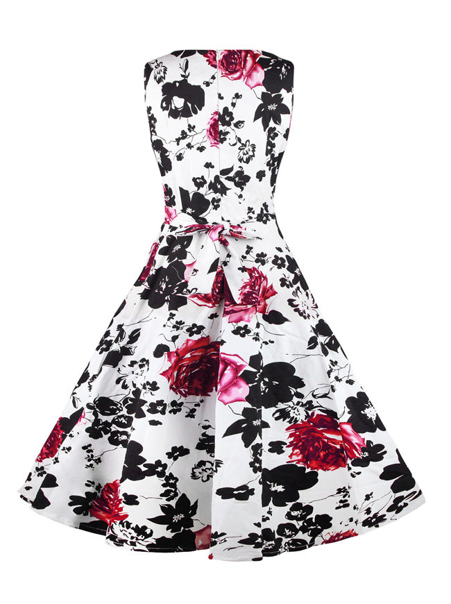 Vintage Style Tea Length Pin Up Style Floral Print Cocktail Dress with Waist Belted Back View