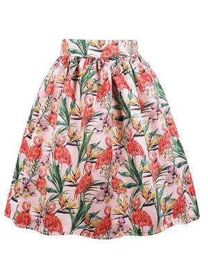 Vintage Knee Length Flamingo Printed Casual Flare Pleated Swing Skirt Main View