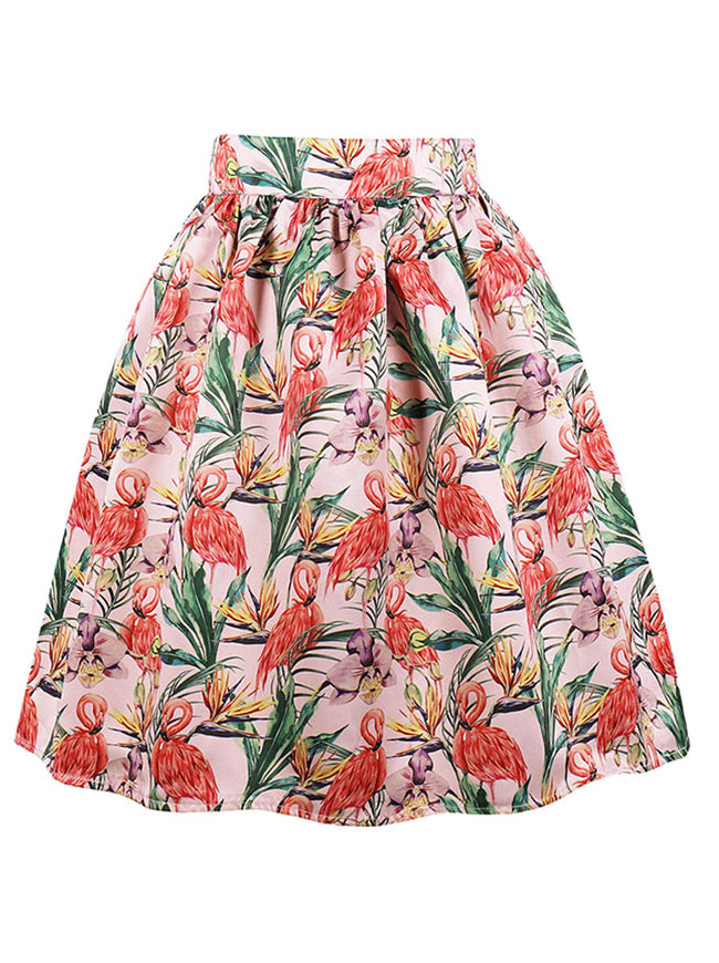 Vintage Pleated Flamingos Floral 1950s Inspired High Waisted Full Circle Skirts for Womens Back View