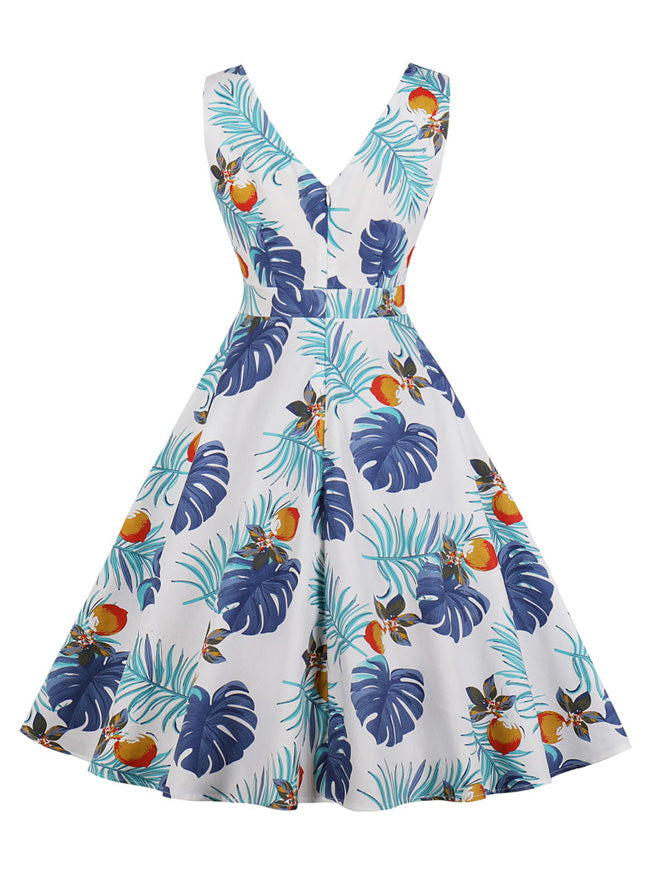 Vintage Inspired Full Circle Flare Blue Knee Length Cut Out Backless Dress Detail View