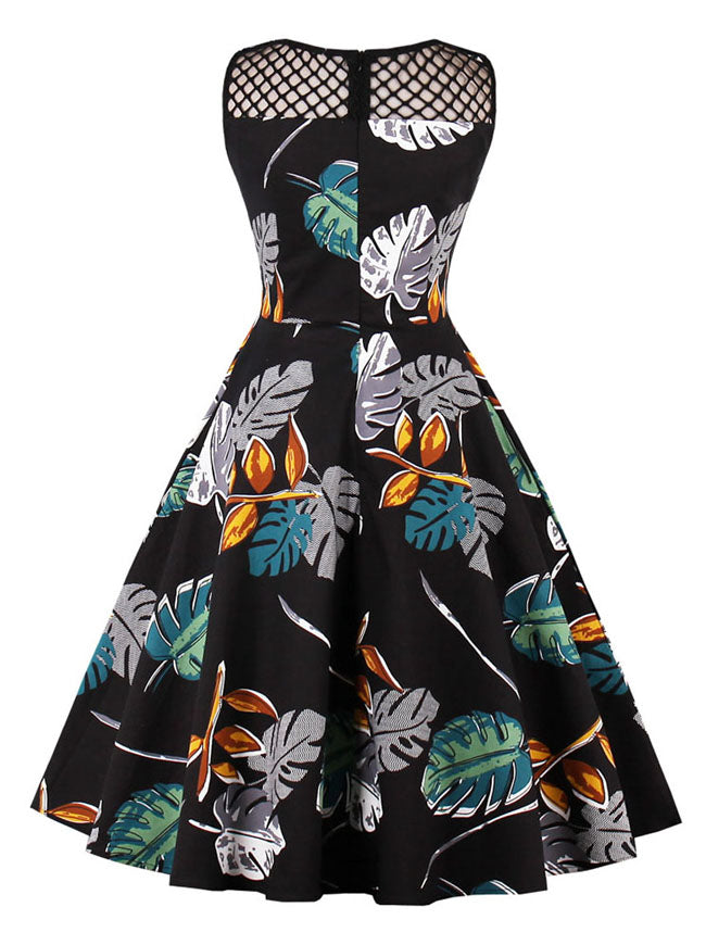 Vintage Style Leaf Print Mesh See Through Evening Dating Dress for Women Back View
