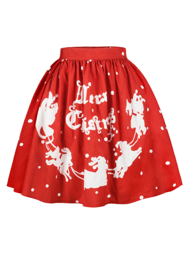 Christmas Santa Pleated Flared Short Midi Swing Skater Skirt Main View