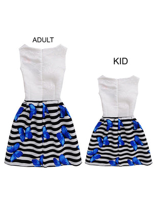 Jacquard Sleeveless A-Line Butterfly Striped Party Casual Dress with Zipper for Adult and Child