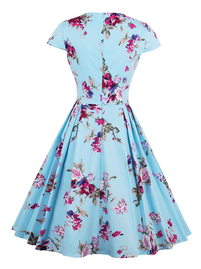Vintage Cap Sleeve Fit and Flare Style Floral Print  Pin Up Rockabilly Dress Light Blue for Women Back View