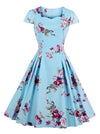 Classical Vintage Women Short Sleeves Floral Print Swing Dress Main View