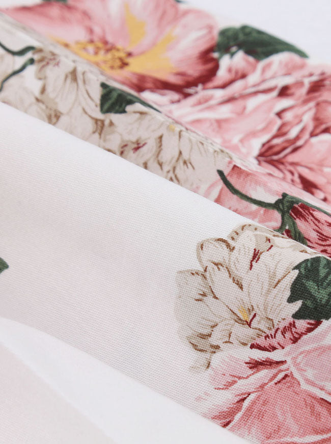 A-Line Pleated Vintage Floral Pattern Women Pink Round Neck Fit Flared Dress with Belt Detail View