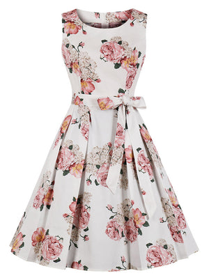 Vintage Inspired Sleeveless Floral Pleated Cocktail Dress