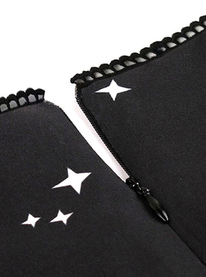 Black Unique Square Neck Printed Fit Flared Pleated Spring Cocktail Party Dress Detail View