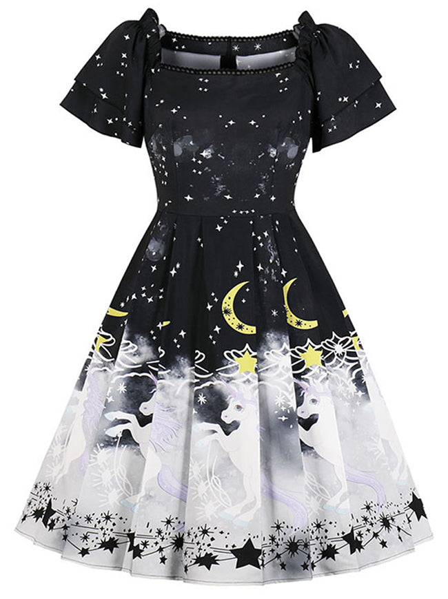 Vintage Holiday Stars Pattern Printed Square Neck Swing Tea Dress for Women Detail View