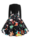 Lovely Christmas Santa Claus Printed Knee Length Fit Flared Christmas Gift Dress Black for Women Back View