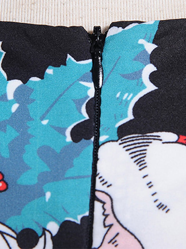 Fashionable Black Green Sleeveless Round Neck Vintage Rockabilly Swing Dress for Women Detail View