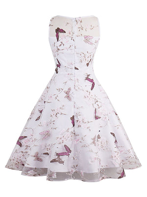 White Summer Floral Print Sleeveless Mesh Short Sweetheart Tulle Party Mini Dress for Women Back View