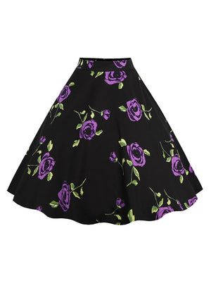 Vintage High Waisted Rose Floral Print A Line Midi Skirt with Patterns