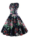 Dark Blue Evening Vintage Floral Print Tea Length A-Line Bridesmaid Dress for Women Outfits Colorful Side View