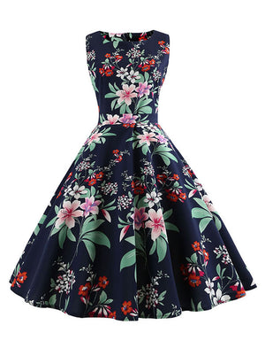 Sleeveless Vintage Style Floral Cocktail Casual Swing Dress Main View