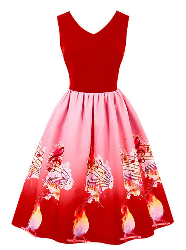 Colorful Music Note Bird Print Vintage Style Dress for Music Party