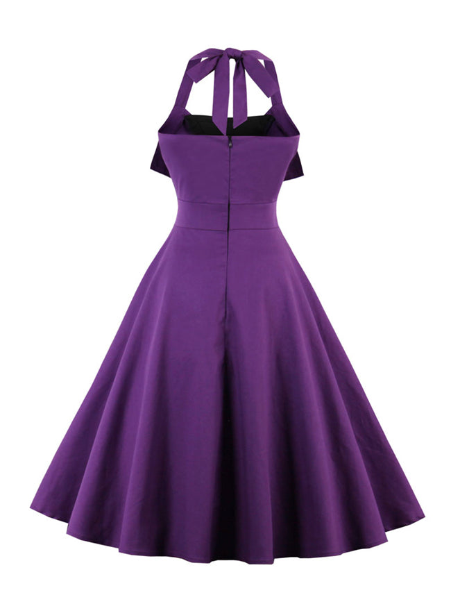 Retro Halter Backless High Waist Slim Fitting Tea Length  Pin Up Vintage Rockabilly Dress for Women Back View