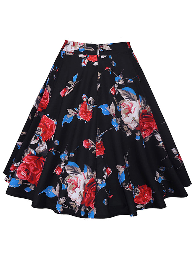 High Waist Vintage Rose Floral Print A Line Knee Length Skirt