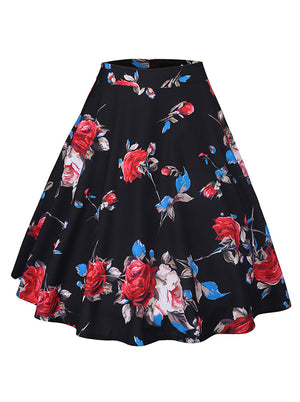 High Waist Vintage Rose Floral Print A Line Knee Length Skirt