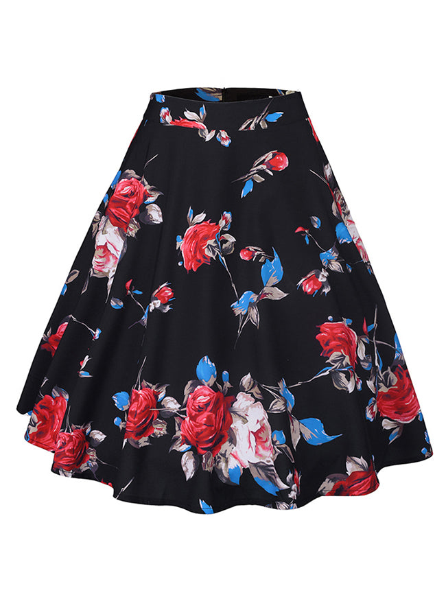 High Waist Vintage Rose Floral Print A Line Knee Length Skirt