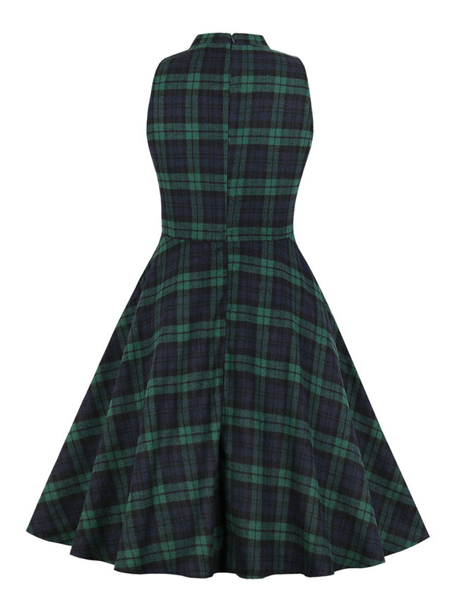 Vintage Retro Plaid Sleeveless Swing Dress with Pocket