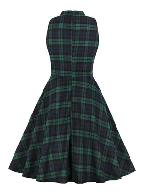 Vintage Retro Plaid Sleeveless Swing Dress with Pocket
