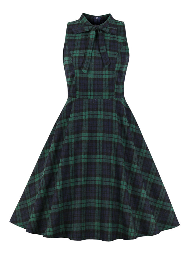 Vintage Retro Plaid Sleeveless Swing Dress with Pocket