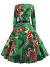 Green Christmas Tree Pattern Printed Elegant High Waist Casual Fall Tea Swing Dress Detail View
