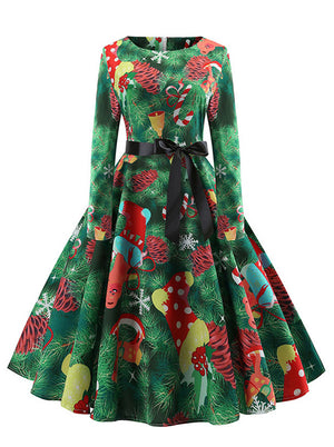 Vintage Long Sleeve Xmas Pattern Pinup Rockabilly Midi Dress