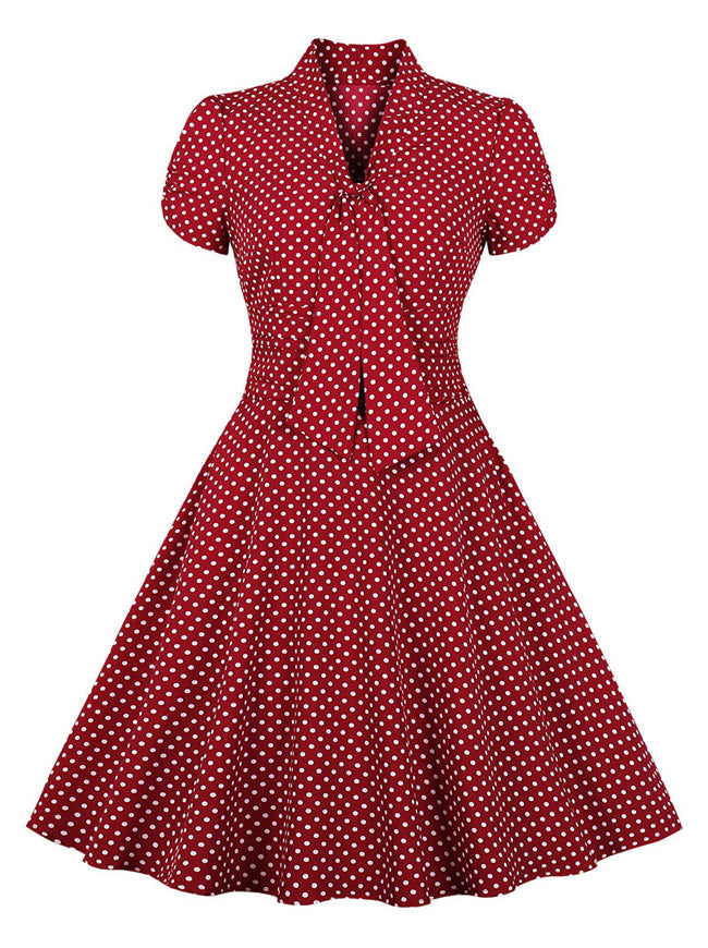 Vintage Casual V-Neck Cocktail Soft Fit High Waist Short Sleeve Dress Detail View