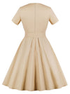 Women Casual Fit And Flare Square Neck Short Sleeve Vintage Swing Midi Beige Dresses With Belt Back View